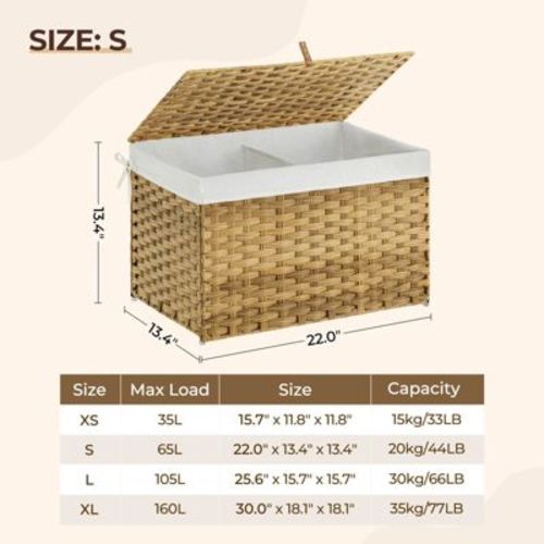 Greenstell Laundry Basket with Lid, Two Removable Inner Lining Bags, Two-compartment Garment Storage Basket, Natural