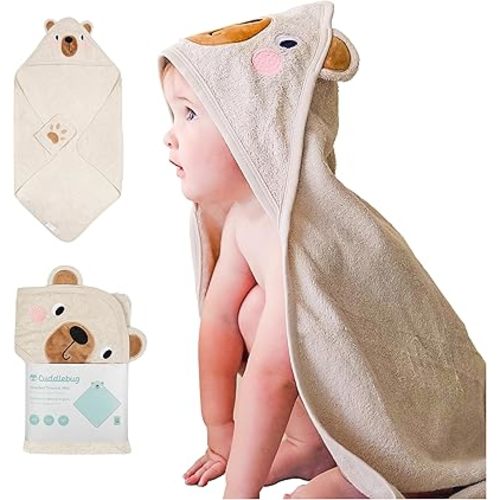 CuddleBug Hooded Baby Bath Towel & Washcloth Set (Bear) - 100% Cotton Terrycloth Hooded Baby Towels for Newborn & Toddler, Super-Soft & Ultra-Absorbent, Newborn Essentials (30" x 30") - Honey Beige