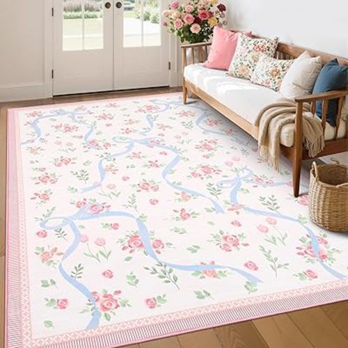 GarveeHome Pink and Blue Bow Rugs for Bedroom Girls, Washable Rug 6x9 for Living Room with Soft Low Pile, Floral Pink 6x9 Area Rugs for Dining Room Nursery Kid Playroom Dorm Office Bow Decor