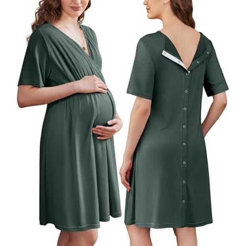 Ekouaer Labor and Delivery Gown for Hospital Short Sleeve Maternity Nursing Dress Nightgown with Button S-XXL