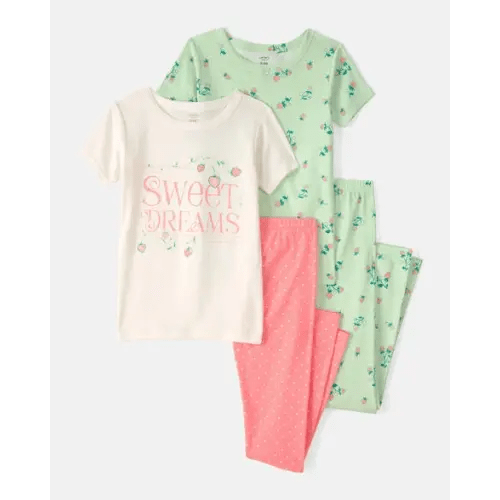 Girls Strawberry 100% Cotton Snug Fit 4-Piece Pajama Set - Green/Pink | Carter's