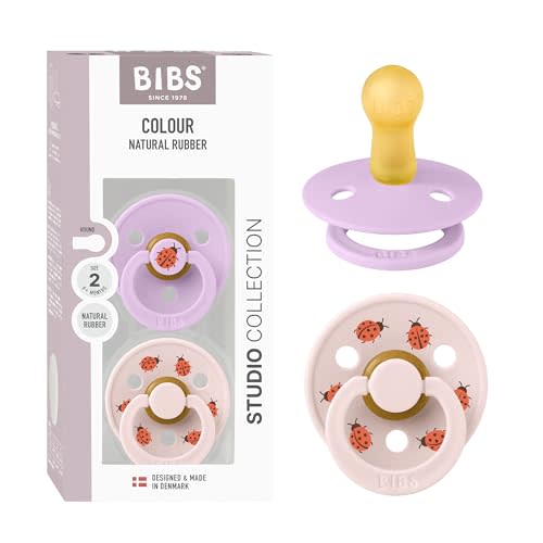 BIBS Colour Studio Soother 2-Pack, BPA Free Dummy Pacifier, Round Nipple. Natural Rubber Latex, Made in Denmark, Size 2 (6-18 Months), Violet Sky/Petal