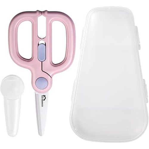 Ceramic Baby Food Scissors with Travel Case, Dust Cover & Safety Lock, Toddle Scissors, Baby Led Weaning Food Cutter, Parent Must have for Baby & Toddle Feeding(Pizza, Meat, & Vegetables) (Pink)