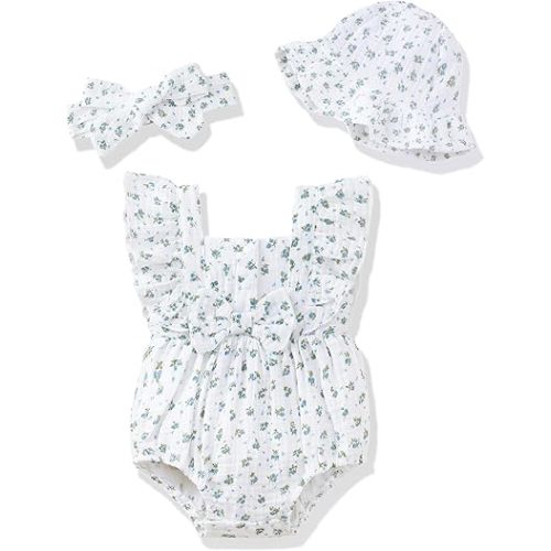 Renotemy Baby Girl Clothes Infant Summer Romper Cotton Linen Newborn Essentials Photography Preemie Outfits with Hat&Headband