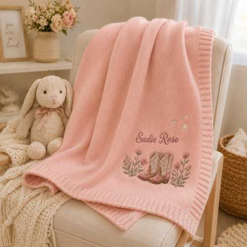 Personalized Cowgirl Baby Blanket, Embroidered Cowboy Boots Knit Blanket, Western Nursery Keepsake, Baby Girl Newborn Gift