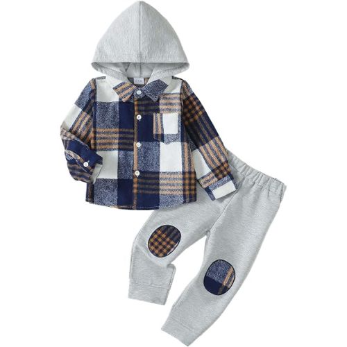 Toddler Baby Boy Clothes Long Sleeve Hoodie Plaid Flannel Shirt and Pants Set Fall Winter Outfits