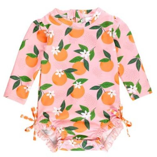RuffleButts Baby Girls Orange You The Sweetest Long Sleeve UPF50+ One Piece Rash Guard - Pink Orange You The Sweetest, 12-18m