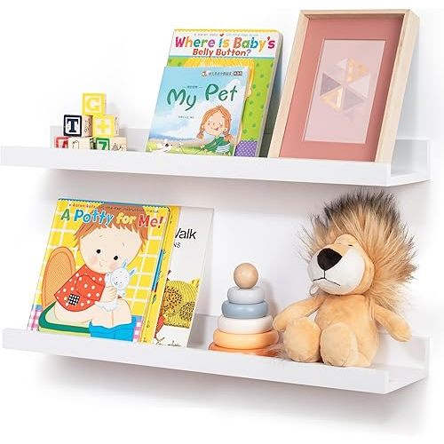 Picture Ledge Shelf for Wall, 24 inch Solid Pine Wood Nursery Book Shelves 2 Packs, Floating Ledge Shelves for Kids' Room Bedroom Bathroom Living Room Photo Frames Office Nursey Wall Decor, White