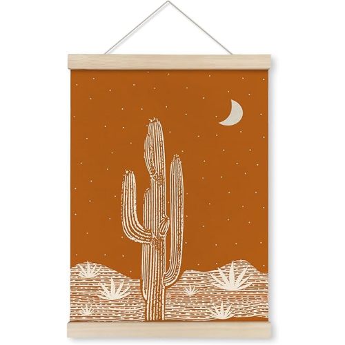 HRQKO Orange Western Cactus Fall Wall Art Poster Hanger Frame, Cactus Wall Decor, Desert Wall Art with Wooden Frames, Mid Century Southwest Wall Hanging Banner Decor for Farmhouse Bedroom, 12x16 Inch