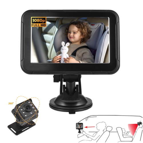 Auwogo 1080P Baby Car Camera with 5" HD Monitor, Rear-Facing Baby Car Seat Monitor with Night Vision, Wide Angle Backseat Baby Camera for Safe Driving