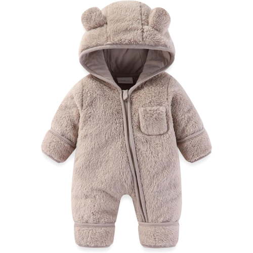 Girls Romper Jumpsuit Cozy Baby Bear Romper Outfit Suit Fold Over Mittens Footies Girls Boys Winter Snowsuit Fuzzy Fluffy Clothes Hooded Jumpsuit Light Gray 59