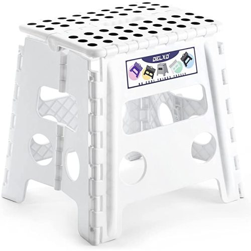 Delxo 13" Folding Step Stool for Kids and Adults, Non-Slip Foldable Step Stools with Handle,Plastic Portable Folding Stool for Bathroom,Bedroom,Kitchen,Hold up to 300lbs White