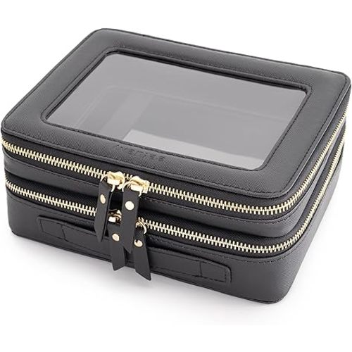 Aveniee Clear Makeup Bags,Double Layer Cosmetic Bags with Separate Brush Compartment,Large Travel Toiletry Bag Cosmetic Case,Travel Accessories Organizer for Women,2 Layers,Black
