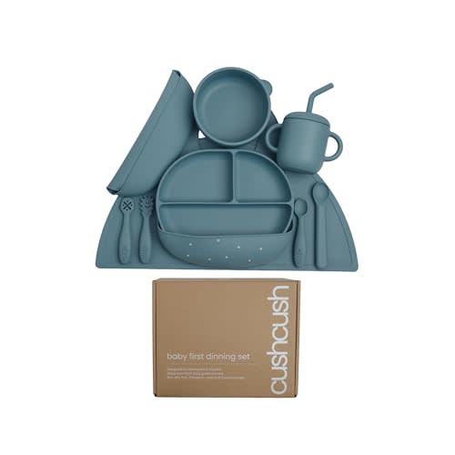 Cushcush Silicone Baby Feeding Set, Baby Led Weaning Supplies, First Stage Solid Food eating Utensils, Divided Suction Plate, Bowl, Bibs, Sippy Cup, Placemat, 6+ months Newborn Gift (Pastel Blue)
