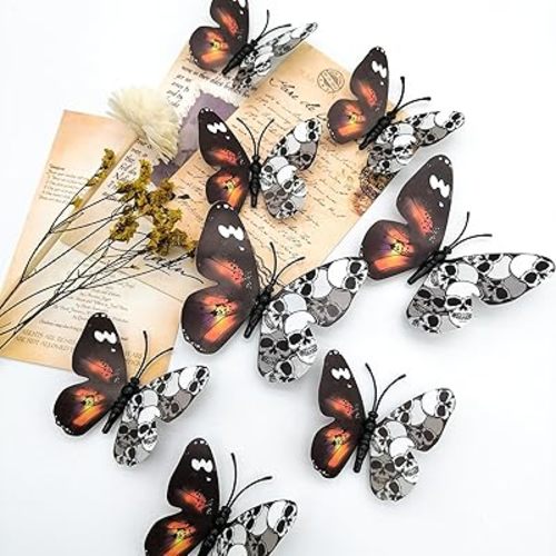 12pcs Halloween Wall Decor 3D Stereo Butterfly Skull Wall Decal Removable Vintage Halloween Decorations Butterflies Skull Design Gothic Home Decor Spooky Halloween Stickers for Festival Party Decor