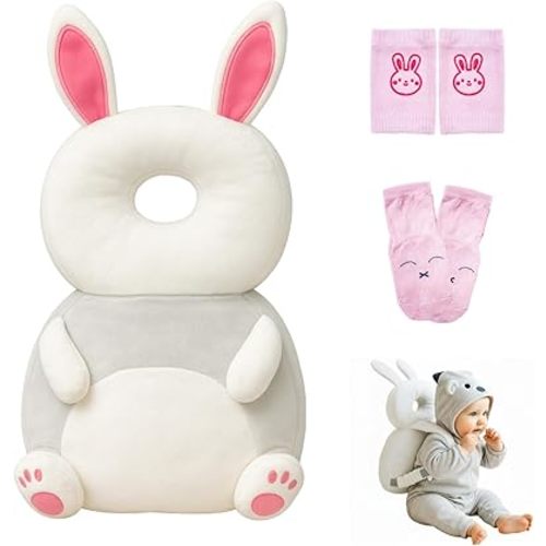Baby Head Protector Backpack with a Pair of Non Slip Socks and Knee Pads, Baby Pillow Backpack for Falling, Crawling, Adjustable Toddler Head Protector for Infants 6–18 Months