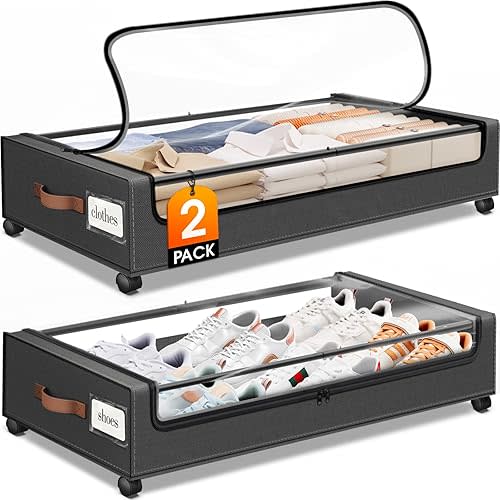 Under Bed Storage with Wheels 2Pack Storage Containers with Clear Window&Label Under Bed Drawers Rolling Under Bed Storage for Clothes,Shoes, Blankets (30.71 x 16.93 x 6.69 in, Dark Grey)