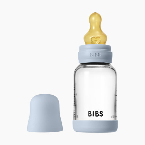 BIBS Baby Glass Bottle with Natural Rubber Nipple - Baby Blue, 4oz