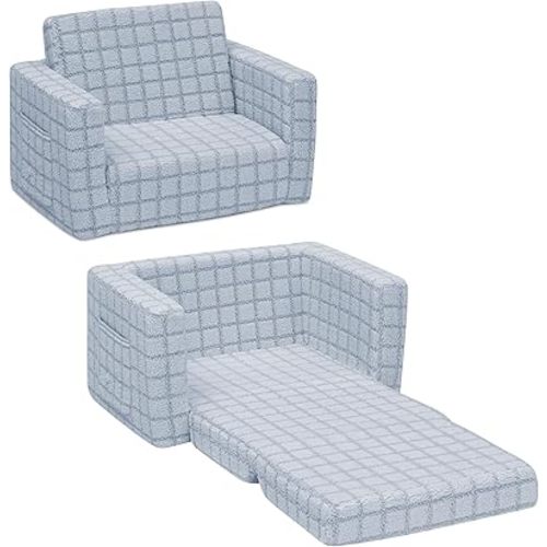 Delta Children Checkered Cozee Flip-Out Kids Chair, Snuggly Sherpa-Like Foam Convertible Armchair for Boys and Girls, Machine Washable Cover, Soft Comfy Toddler Seating for Playroom/Bedroom, Blue