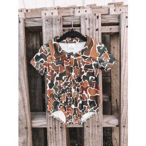 Collared Old School Camo Boys Onesie with Pockets