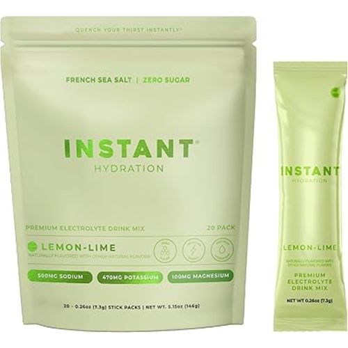 Instant Hydration Sugar Free Electrolytes Powder Packets - Lemon Lime Electrolyte Drink Mix & Travel Essentials - Post Workout Recovery, Brain Health, Muscle & Tissue Support - 20 Sticks