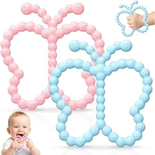 2 Pack Butterfly Teething Toys for Babies 3-6 6-12 Months, BPA Free Silicone Baby Teether Toys for Teething Relief, Easy-Grip Double Ring Infant Newborn Chew Toys for Sucking Needs