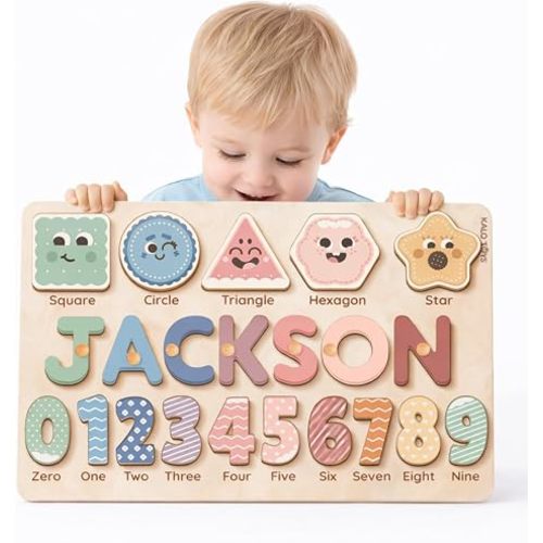 Wooden Name Puzzle for Toddlers 1-3, Personalized Name Puzzle with Animal Story Background, Baby Puzzle, Custom Baby Gift, First Birthday Gift for Boy Girl (Shapes and Numbers)