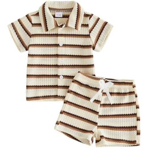 Baby Boys Waffle Knit Outfit Summer Short Sleeve Striped Button Down Shirt Elastic Waist Shorts Set Toddler