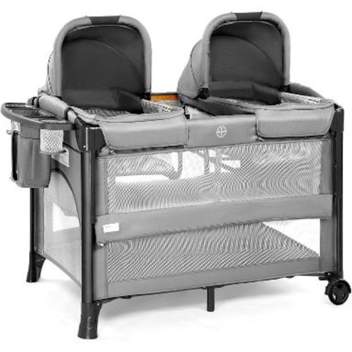 JOYMOR Twin Bassinet for Baby, Bedside Bassinet, Convertible to Bedside Sleeper and Playpen, with Wheel, Brake, Foldable Side Sleeper, Gray
