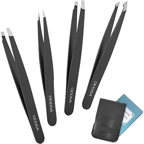 4-Pack Tweezers for Eyebrows Facial Hair, Ingrown Hair Removal, Tweezer Set with Case for Women and Men, Professional Stainless Steel Precision pinza de cejas Stocking Stuffers Christmas Gifts -Black