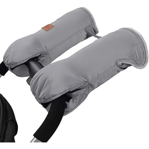Stroller Gloves, Universal Stroller Hand Muff with Warm Polar Fleece, Baby Stroller Gloves with Hook and Loop Design, Waterproof and Snowproof Stroller Mittens for Stroller Accessories, Gray