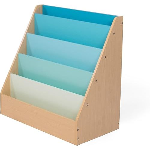Humble Crew Skylar Kids Wooden 5-Tier Bookcase, Toddler Bookshelf Organizer with Forward-Facing Display, Compact Storage Rack for Books and Magazines, Natural/Aqua, for Playroom, Nursery, or Classroom