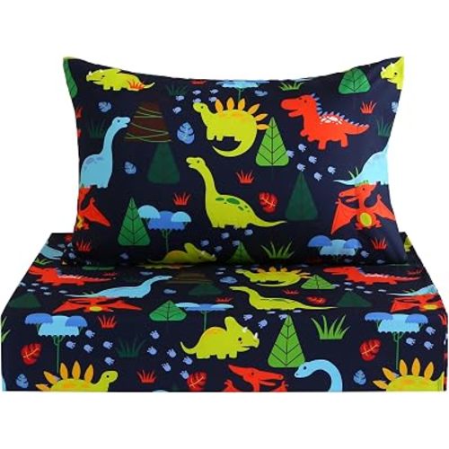 Softan Kids Twin Sheets Set, 3 Piece Dinosaur Bedding Set for Boys, Soft Breathable Microfiber with 15" Deep Pocket, Fitted Flat Sheet & Pillowcase