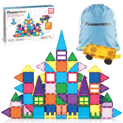 PicassoTiles 101 PCs Magnetic Tiles Building Blocks with Car & Drawstring Carry Bag Toy Storage Magnet Block for Toddlers Kids STEM Toy Set Educational Tile Learning Brain Development Ages 3+ PC101