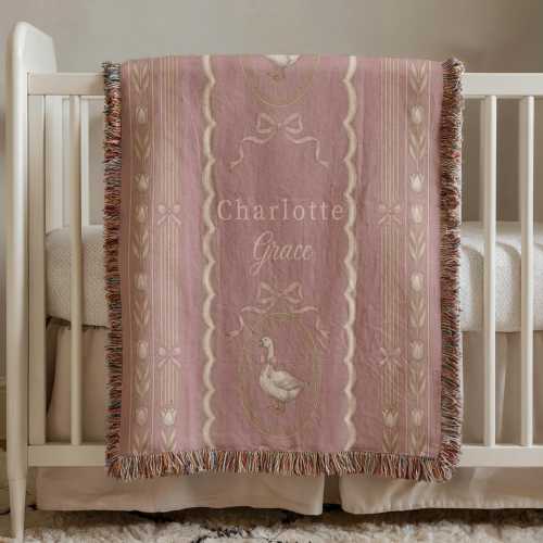 Personalized Goose Baby Blanket, Vintage Cottagecore Nursery Decor, Custom Name Woven Heirloom Baby Shower Gift Newborn Nursery Gift Idea