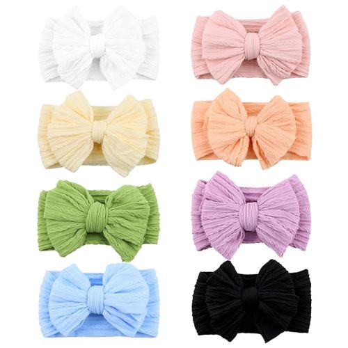 8 Pcs Baby Bows Headbands Soft Nylon Hairbands Super Elastic Headband Hair Accessories For Baby Girls Infant Toddler Essentials (8 Color-Light, Mid)
