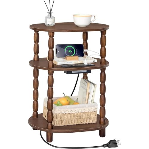 MaxSmeo Small Side Table with Charging Station, 3-Tier Small End Table with USB Ports and Outlets, Modern Oval Night Stand Accent Table for Living Room, Bedroom, Walnut Brown