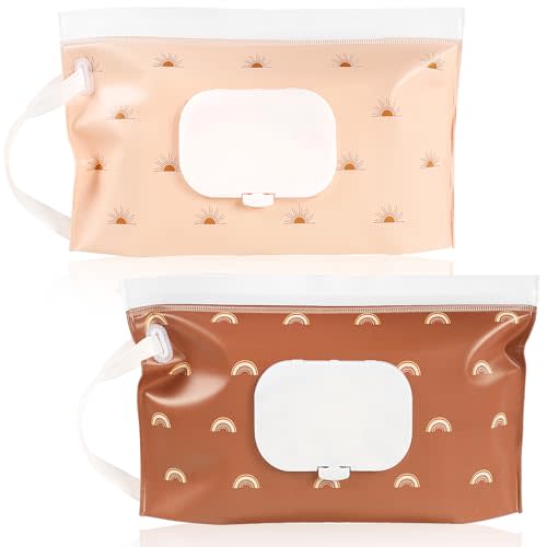 FEBSNOW 2 Pack Baby Wipes Dispenser, Portable Refillable Wipe Holder Baby Wipes Container Travel Wipes Case Reusable Boho Wet Wipes Pouch
