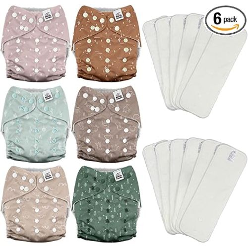 Mama Koala 3.0 Cloth Diapers for Babies with AWJ Lining, 6 Pack with 12 5-Layer Bboo(No Microfiber) Cloth Diaper Inserts - Reusable and Washable Pocket Diapers(12-My Warm Heart)