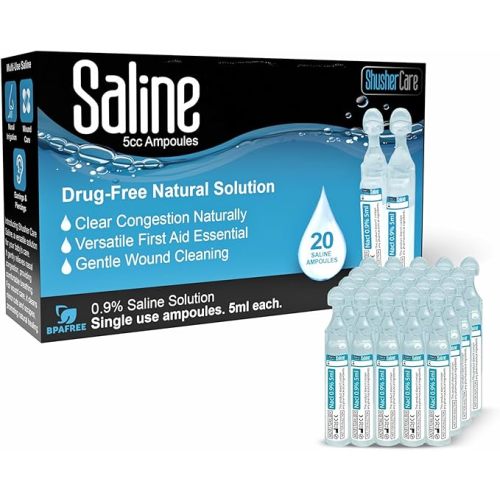 Saline Ampoules - Saline Solution for Nebulizer, Sodium Chloride 0.9%, Nasal Cleanse for Babies, Kids, & Adults, Sterile Nasal Care, Wound Cleansing - 20 Count (5ml Each)