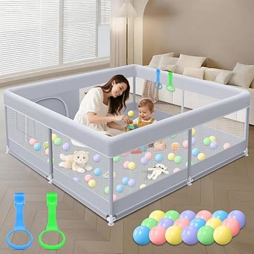 Baby Playpen 50 x 50 Inch Play Pen Playards, Playpen for Babies and Toddlers, Baby Playard for Indoor & Outdoor Active Center Game Fence, with Skin-Friendly Fabric and Soft Breathable Mesh Grey