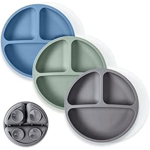 WeeSprout Suction Plates with Lids for Babies & Toddlers - 100% Silicone, Dinnerware Stays Put, Divided Design for Picky Eaters, Microwave & Dishwasher Friendly, 3 Pack