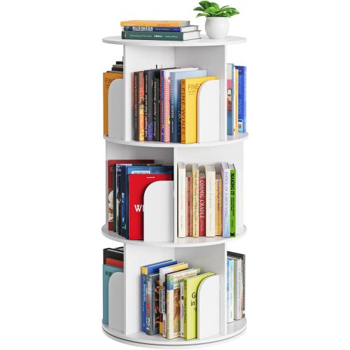 SpaceAid Cross Style 3 Tier Rotating Bookshelf, Spinning 360 Bookcase Lazy Susan Tower, Vertical Revolving Books Shelf Storage Round Carousel Space Saving Organizer, White