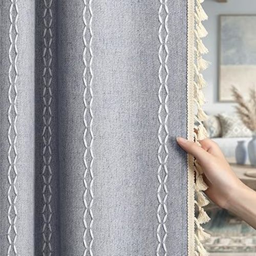 Blue 100% Boho Blackout Curtains 84 Inch 2 Panels with Tassels