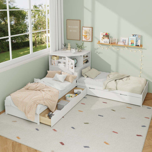 Latitude Run® L-Shaped Combination Twin Bed With Trundle And Drawer,3-In-1 Low Corner Platform Bed Linked With Built-In Desk And Led Downlight | Wayfair