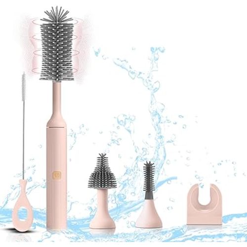Electric Baby Bottle Brush Set with Rechargeable Electric Bottle Brush Cleaner and Replaceable Silicone Bottle Brushes and Straw Brush Cleaner, Waterproof Multi-Purpose Cleaning Brush(Pink)