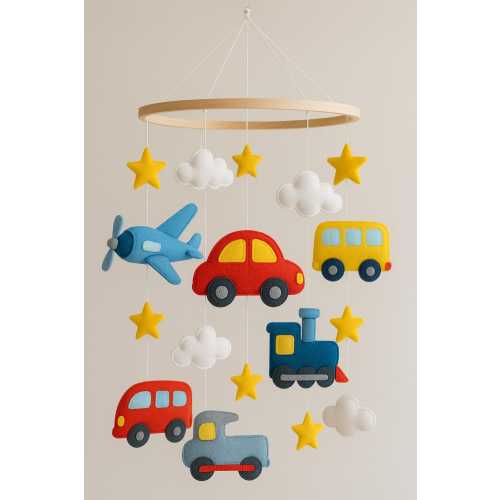 Vehicle Baby Mobile for Boys – Felt Car Mobile, Plane Train Bus Nursery Decor – Handmade Transportation Crib Mobile – Baby Shower Gift