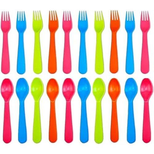 Jawbush 20 Pcs Kids Plastic Utensils Kids Forks and Spoons Set, Reusdable Toddler Silverware Cutlery Set with Bright Colors Ideal for School Lunch Box or Travel, Size also for Adults, BPA Free