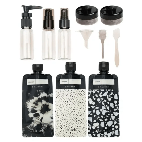 Kitsch 11 PCS Travel Bottles for Toiletries – Travel Essentials Kit for Shampoo, Conditioner, Lotion & More - TSA Approved Travel Bottles, Leak-Proof Refillable Travel Size Containers - Black & Ivory