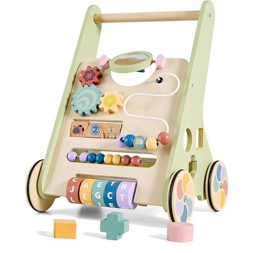 Paisure Wooden Baby Walker with Activity Center, Baby Push Walker for 1 Year Old Boys & Girls, Montessori Learning Walking Toy with Wheels, Toddler Push Toy with Storage Box 12 Months+